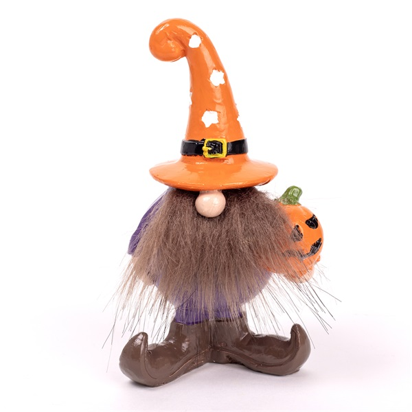 IRIS polirezin orrszakáll, álló, halloween tökkel, narancssárga sapkában, lila ruha 13,1cm (045661)
