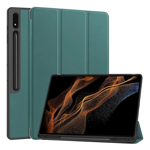 gigapack Tok álló, bőr hatású (aktív FLIP, oldalra nyíló, TRIFOLD, asztali tartó, ceruza tartó) SÖTÉTZÖLD Samsung Galaxy Tab S9 Ultra LTE (SM-X916) / Galaxy Tab S9 Ultra WIFI (SM-X910) / Galaxy Tab S8 Ultra LT (GP-163653)