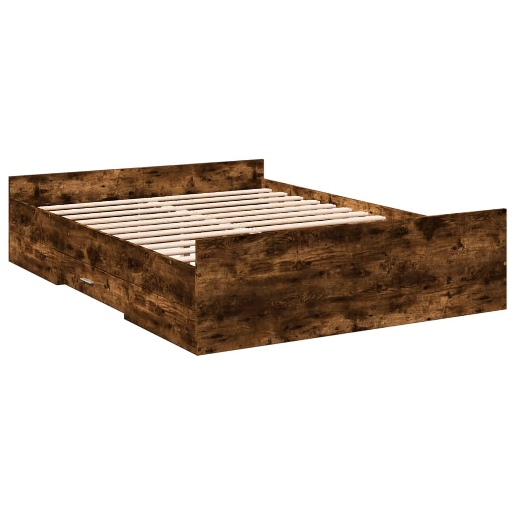 füstös tölgyszínű szerelt fa ágykeret fiókokkal 135 x 190 cm (3280318)