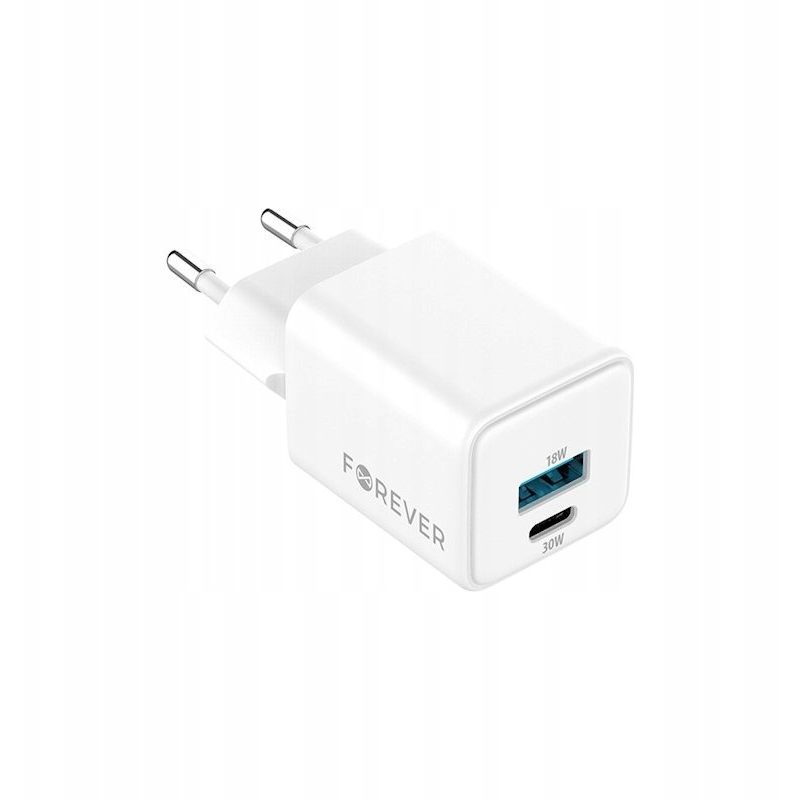 Forever TC-08-30AC Hálózati Töltő 1xUSB-A És 1xUSB-C Csatlakozással GaN PD QC 30W-Fehér (GSM187241)
