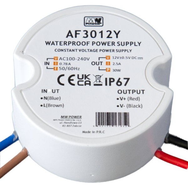AF3012Y: MW Power 30W 12V/2.5A round LED power supply, IP67