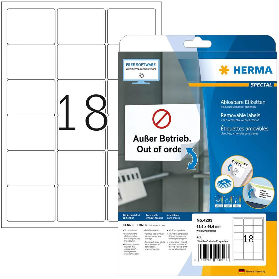 Herma 63,5 x 46,6 mm Öntapadós etikett címke fehér (450 címke / csomag) (4203)