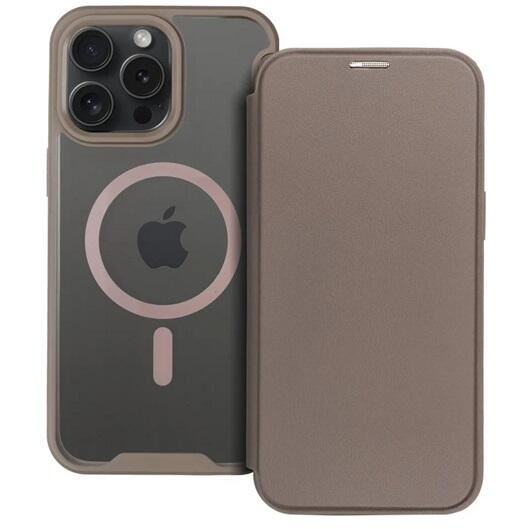 Gigapack Apple iPhone 15 Pro Max kártyazsebes titánium színű fliptok, mágneses átlátszó matt hátlappal (GP-157698) (GP-157698)