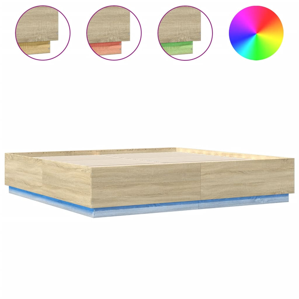 sonoma tölgy színű szerelt fa ágykeret LED-del 200 x 200 cm (3209585)