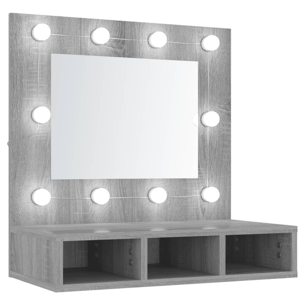 szürke sonoma színű tükrös szekrény LED-ekkel 60 x 31,5 x 62 cm