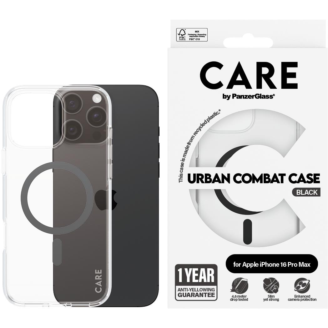 PanzerGlass CARE Apple iPhone 16 Pro Max MagSafe Combat átlátszó/fekete nem sárguló tok (1348)