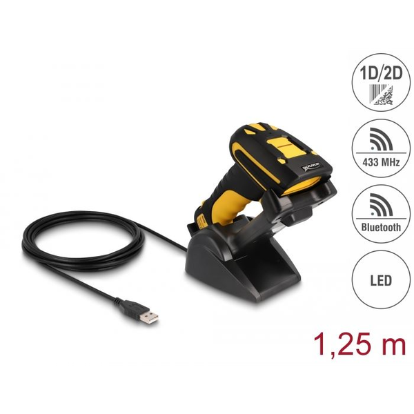 Delock ipari vonalkód olvasó 1D és 2D, 433 MHz / Bluetooth, indukciós töltőállomással (90586)