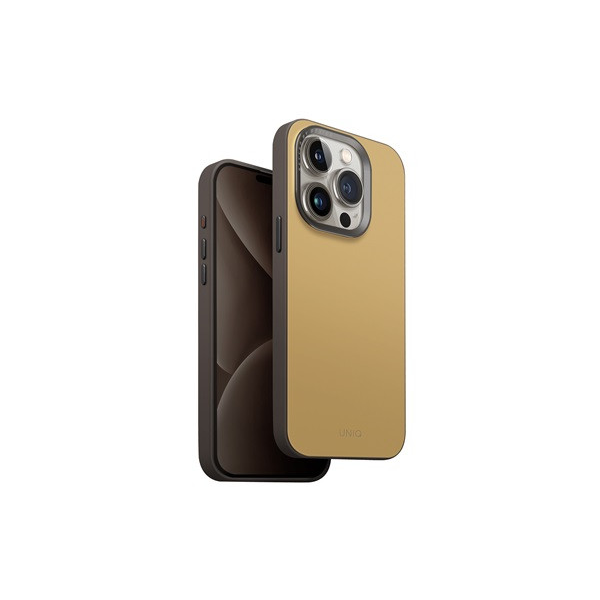Apple iPhone 15 Pro, Műanyag hátlap védőtok, bőrhatásű hátlap, Magsafe töltővel kompatibilis, Uniq Lyden DS, kanári sárga/szürke (8886463688342)