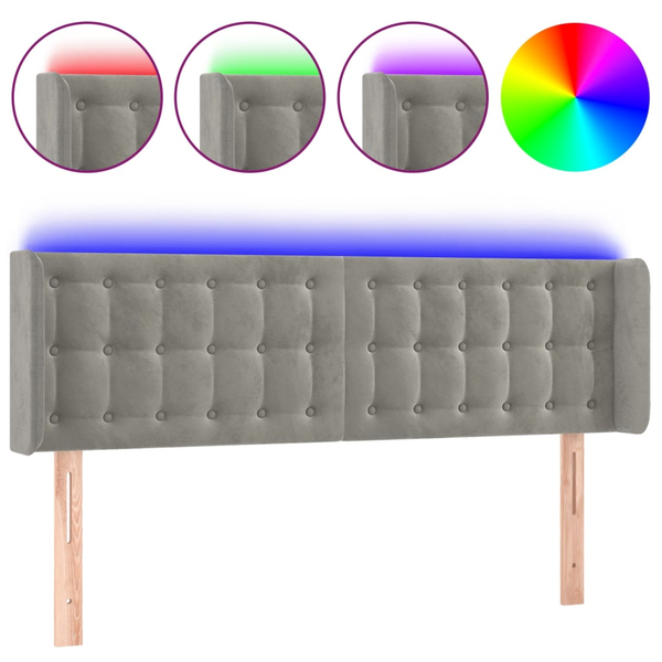 Tăblie de pat cu LED, gri deschis, 147x16x78/88 cm, catifea
