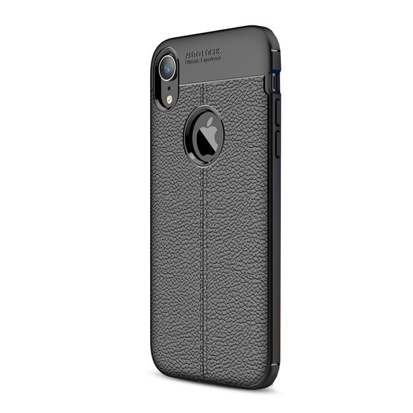 Szilikon telefonvédő (közepesen ütésálló, bőr hatású, varrás minta, logo kivágás) FEKETE [Apple iPhone XR 6.1] (5996457802630)