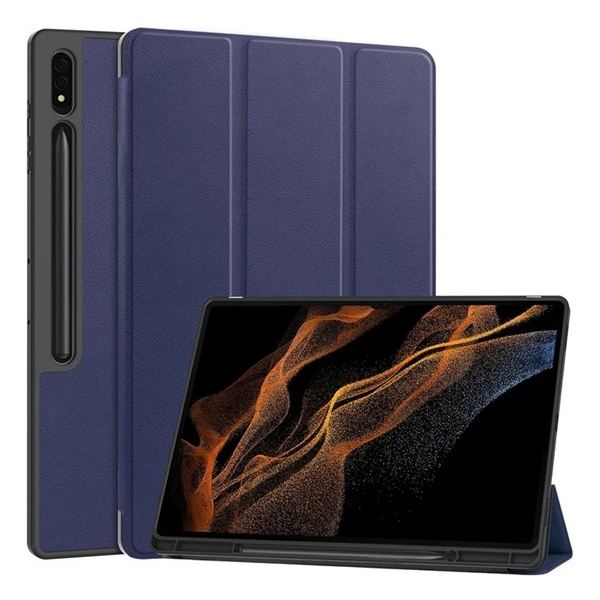 gigapack Tok álló, bőr hatású (aktív FLIP, oldalra nyíló, TRIFOLD, asztali tartó, ceruza tartó) SÖTÉTKÉK Samsung Galaxy Tab S9 Ultra LTE (SM-X916) / Galaxy Tab S9 Ultra WIFI (SM-X910) / Galaxy Tab S8 Ultra LTE (GP-163650)