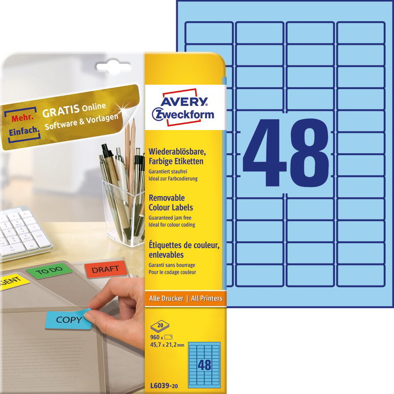 Avery Zweckform 45,7 x 21,2 mm Etikett tintasugaras és lézer nyomtatóhoz kék (960 címke / csomag) (L6039-20)