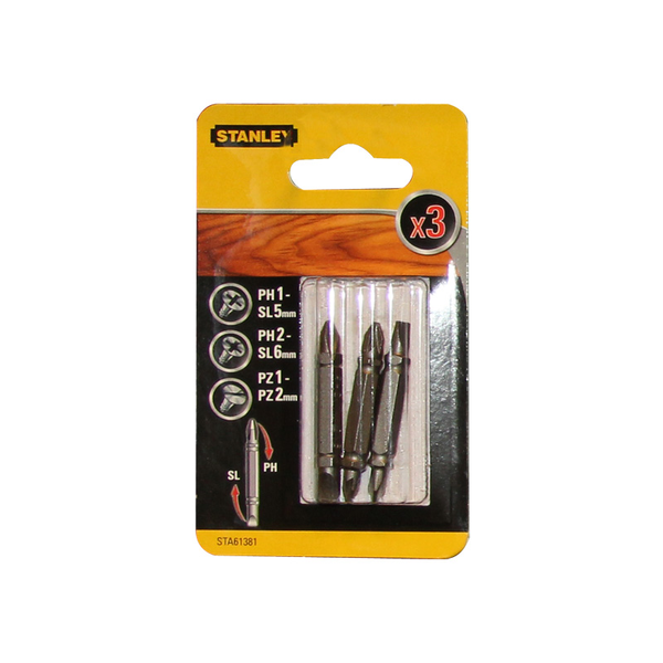 Stanley kétoldalas bitfej készlet, PH1/SL5, PH2/SL6, PZ1/PZ2x48mm, 3db/cs