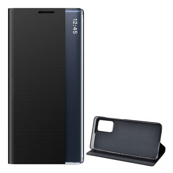 Tok álló, textil hatású (aktív FLIP, oldalra nyíló, asztali tartó funkció, Smart View Cover) FEKETE [Samsung Galaxy A72 5G (SM-A726F)]