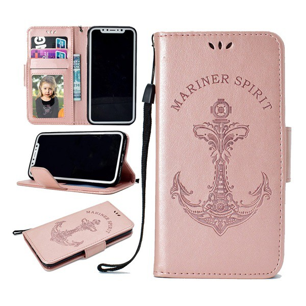 Tok álló, bőr hatású (FLIP, oldalra nyíló, asztali tartó funkció, csuklópánt, vasmacska minta) ROZÉARANY [Apple iPhone XS 5.8] (5996457813087)