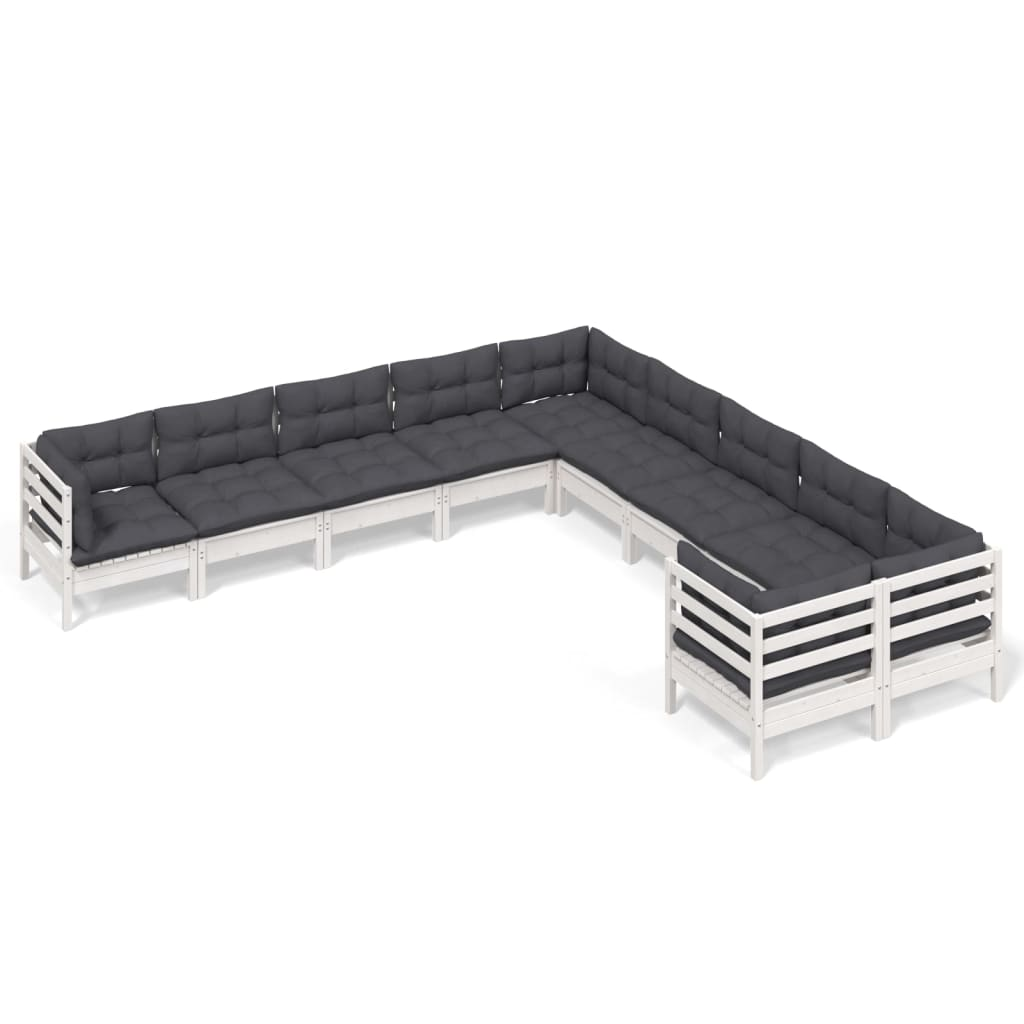 10 részes fehér fenyőfa kerti ülőgarnitúra párnákkal (3097008)