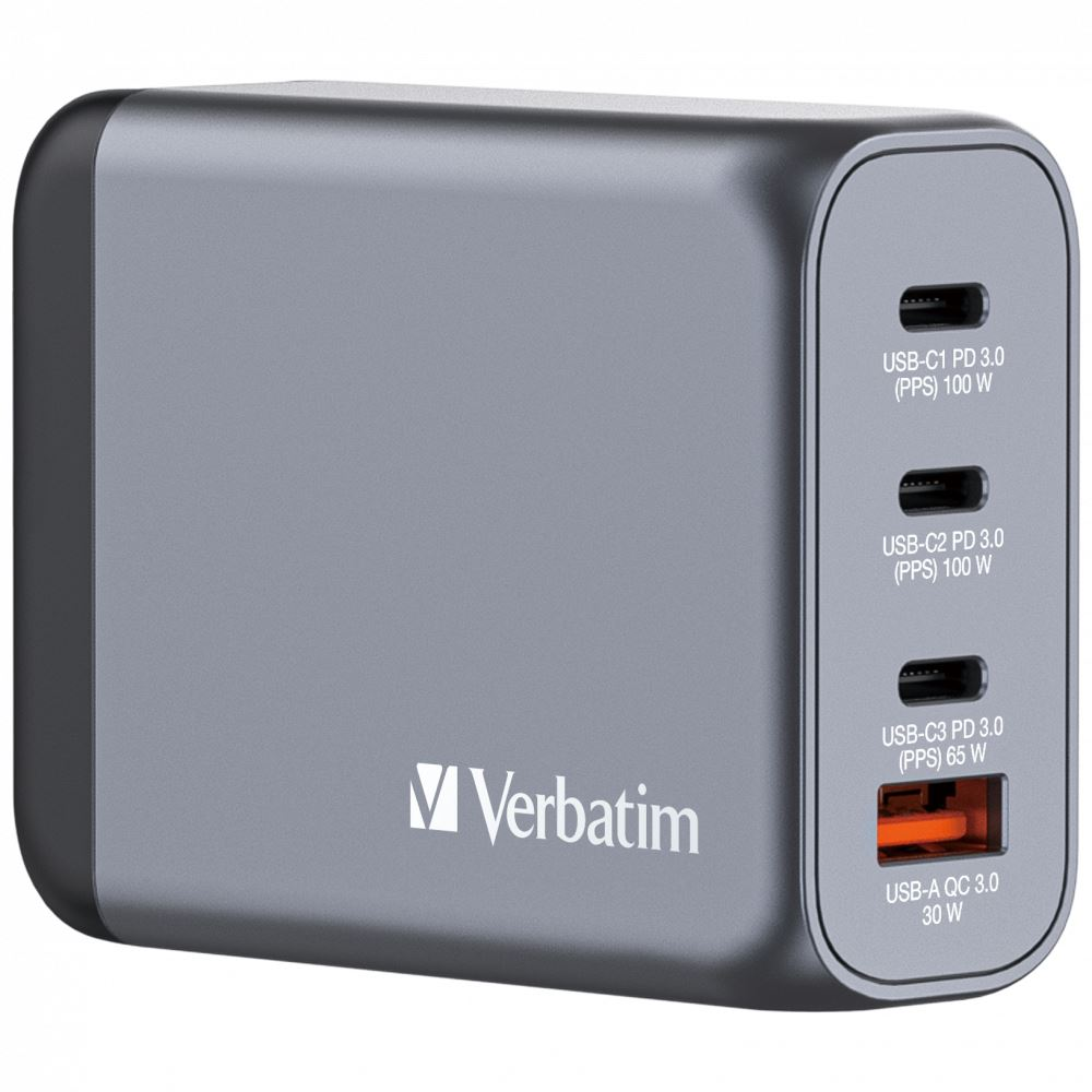 Verbatim 100W 4-Port (2xUSB-C PD 100W/1xUSB-C PD 65W/1xUSB-A QC 3.0) GaN EU/UK hálózati töltő (32202) (verbatim32202)