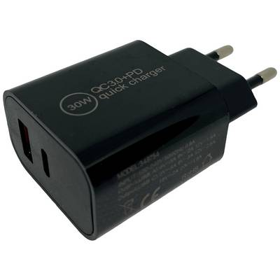 IWH USB-s töltőkészülék 30 W 1x USB-A, 1x USB-C Power Delivery, QC 3.0 Fekete Beltér (019059) (019059)