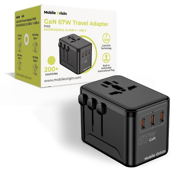 Nabíjačka GaN 67W, 3x USB-C USB-A adaptéry UK USA EU Mobile Origin