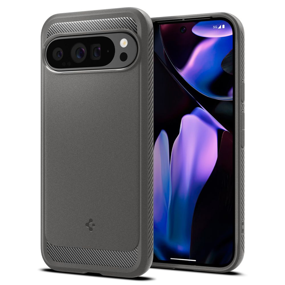 Google Pixel 9 Pro XL, Szilikon tok, Spigen Rugged Armor, karbon minta, szürke (RS160910)