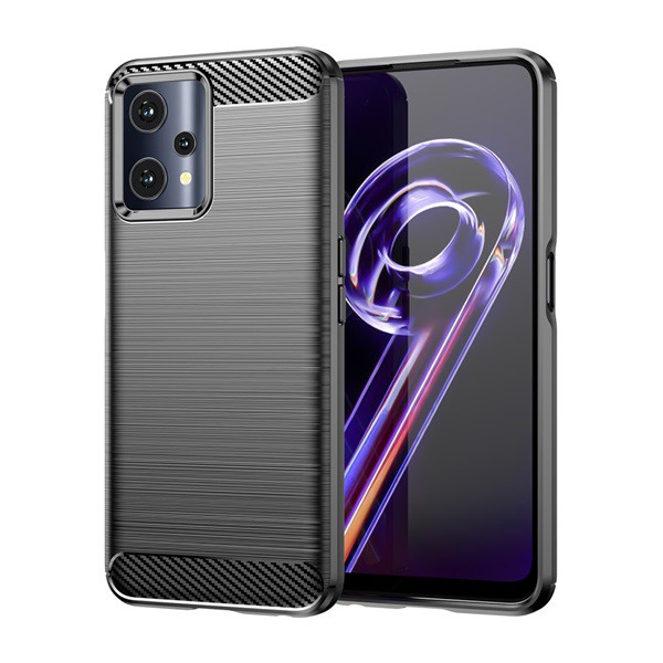 Szilikon telefonvédő (közepesen ütésálló, légpárnás sarok, szálcsiszolt, karbon minta) FEKETE [Realme 9 Pro] (5996591160115)