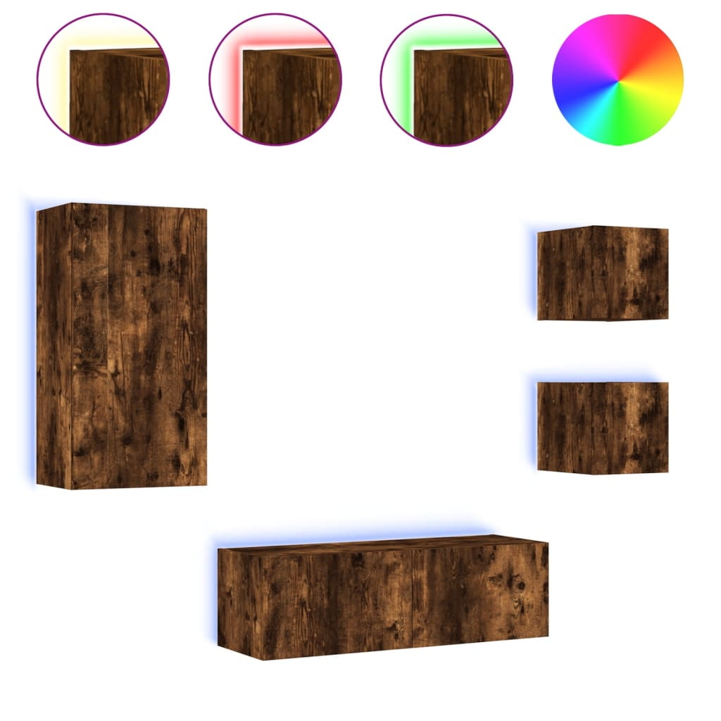 4 darab füstölt tölgyszínű falra szerelhető TV-szekrény LED-del (3216885)