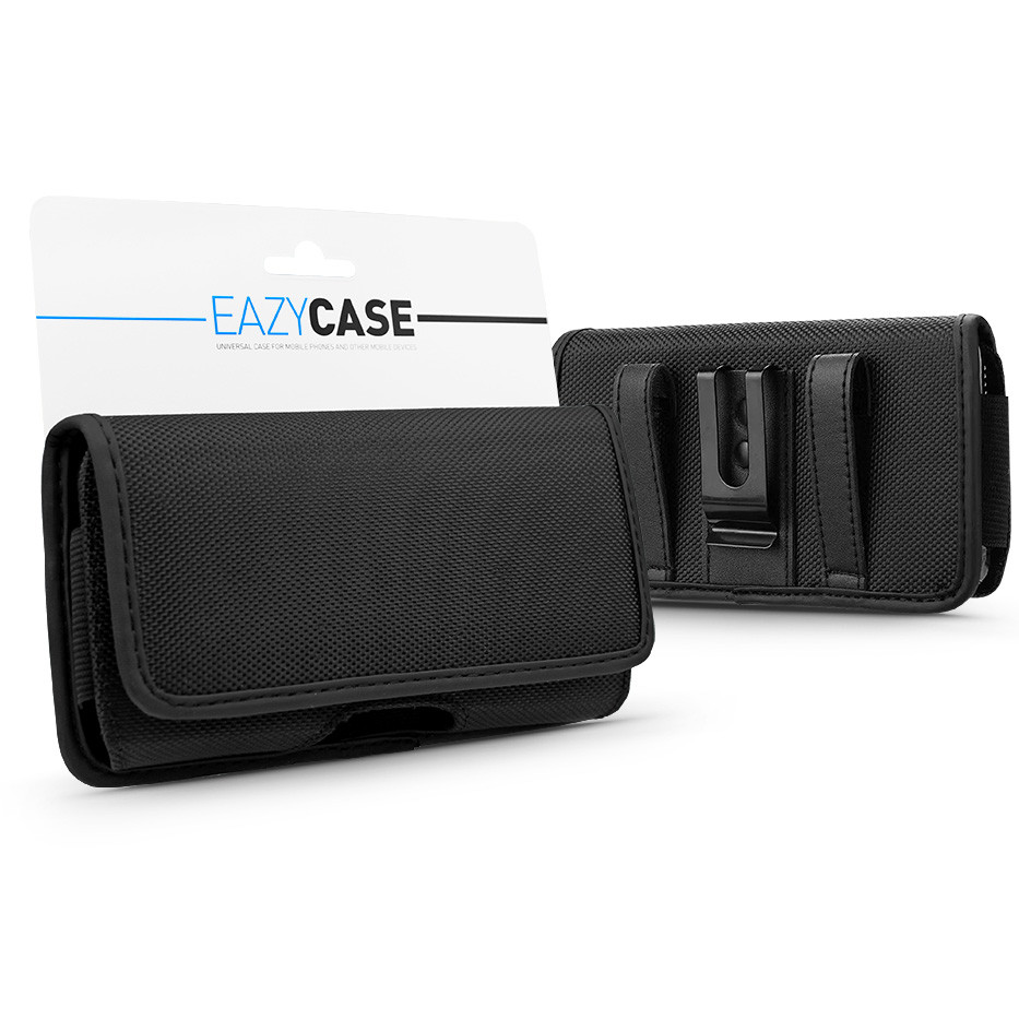 Oxford vízszintes, csatos-fűzős övtáska mobiltelefonhoz - Apple iPhone 7 Plus / 8 Plus/ iPhone 12 Pro Max / 13 Pro Max - Model 4 / XXL méret - fekete (HF184949)