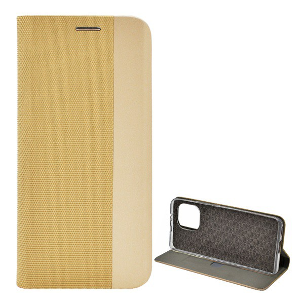Tok álló, bőr hatású (FLIP, oldalra nyíló, asztali tartó funkció, textil minta) ARANY [Xiaomi Mi 11 5G]