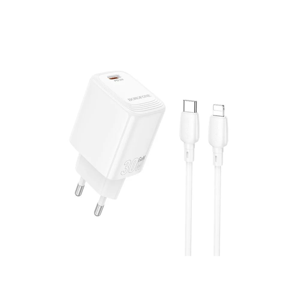 Borofone BN28 Fuente hálózati gyorstöltő (Type-C) PD 30W Type-C/Lightning kábellel fehér (PM037643)