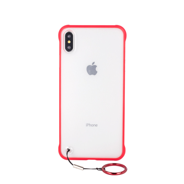 Apple iPhone XS Max, TPU szilikon védőkeret, műanyag hátlap, ujjgyűrűvel, FrameLess, áttetsző/piros