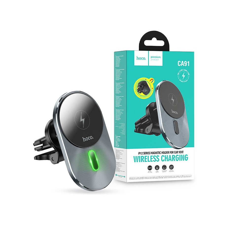 HOCO Qi vezeték nélküli, szellőzőrácsba illeszthető autós tartó/gyorstöltő MagSafe vezeték nélküli funkcióval rendelkező Apple készülékekhez - HOCO CA91 - fekete (HOC0327)