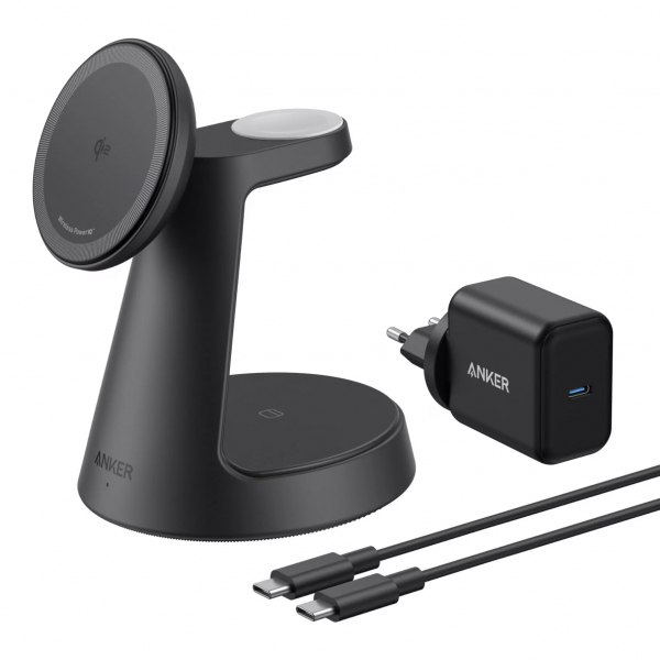 ANKER MagGo 3-in-1 Charging Station kabellose Ladestation schwarz Qi2 15W inkl. zertifiziertes Modul fr Apple Watch