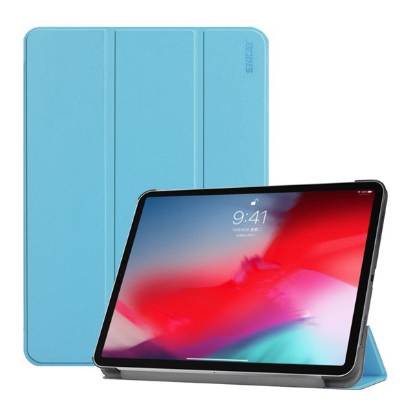 ENKAY tok álló, bőr (aktív FLIP, oldalra nyíló, TRIFOLD asztali tartó funkció, Apple Pen töltés támogatás) VILÁGOSKÉK [Apple IPAD Pro 11 (2018)]