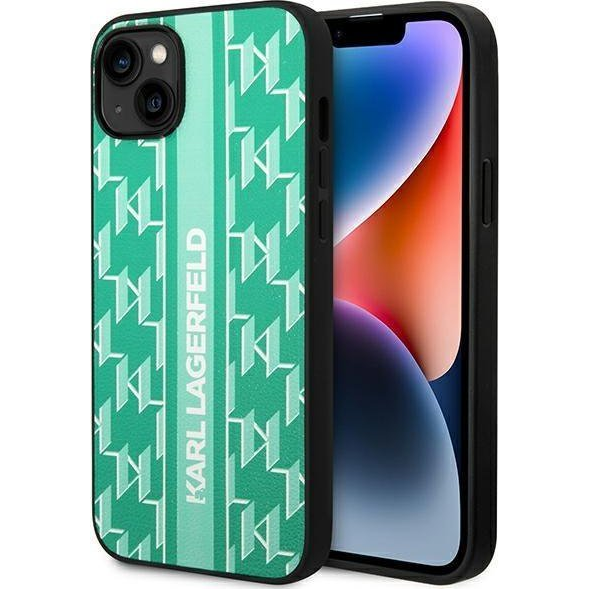 Karl Lagerfeld Monogram Stripe Apple iPhone 14 hátlap tok, zöld (KLD1055)