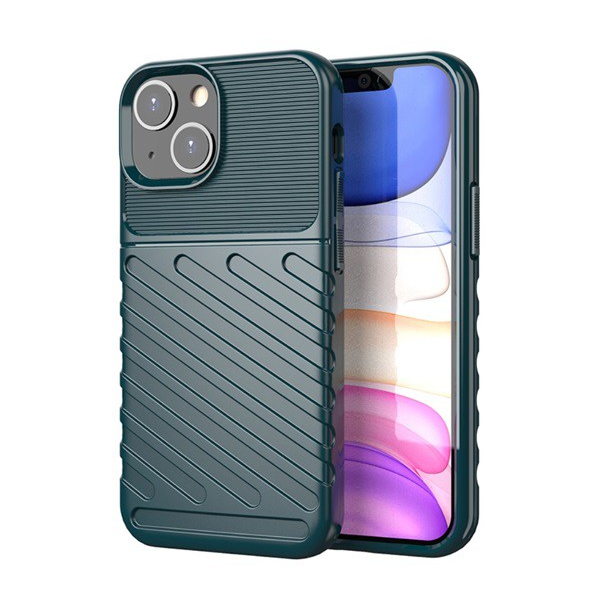 Szilikon telefonvédő (közepesen ütésálló, csíkos, dombor minta) SÖTÉTZÖLD [Apple iPhone 13 mini] (5996591107424)