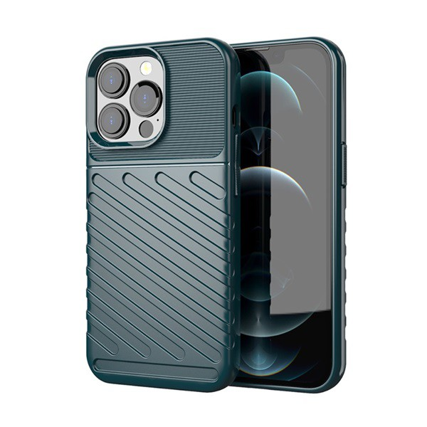 Szilikon telefonvédő (közepesen ütésálló, csíkos, dombor minta) SÖTÉTZÖLD [Apple iPhone 13 Pro] (5996591107493)