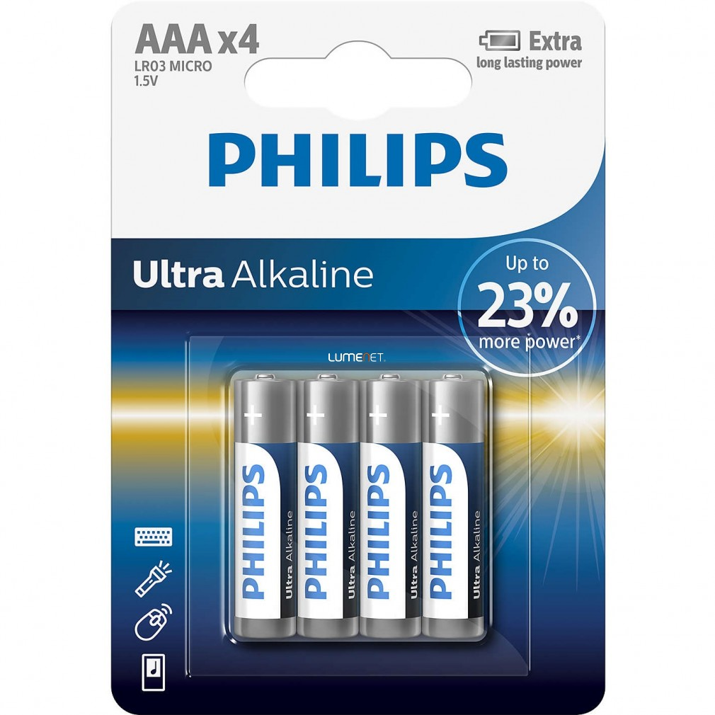 Philips Alkáli 1.5V AAA Ceruza elem ExtremeLife+Ultra 4db (LR03E4B/10) (LR03E4B/10)