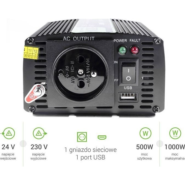 Měnič Napětí napětí Green Cell INV04DE 24V na 230V 500W/1000W