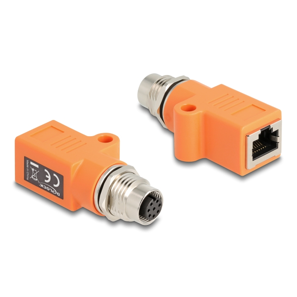 Delock M12 Adapter A-kodiert 8 Pin Buchse zu RJ45 Buchse Cat.5e mit Befestigungsloch gerade orange