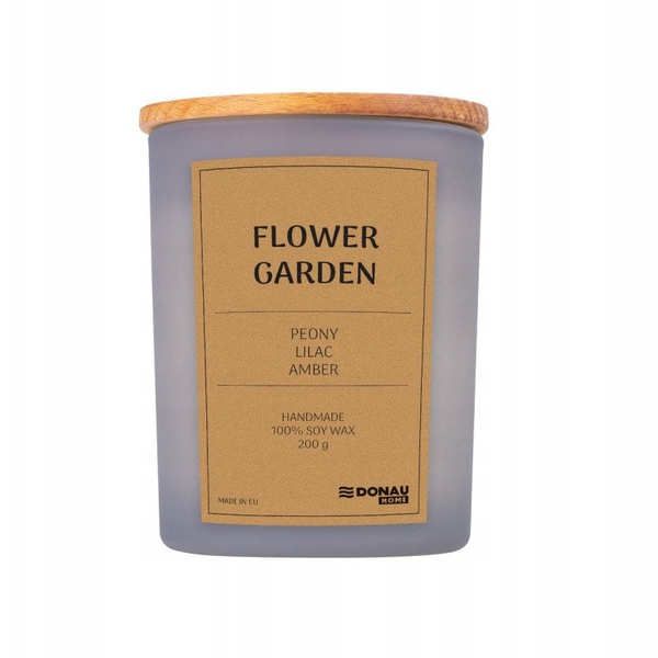 Świeca sojowa DONAU HOME, w szarym szkle, drewniana pokrywa i knot, Flower Garden, 200g