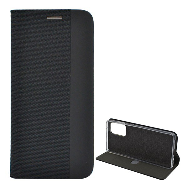 Tok álló, bőr hatású (FLIP, oldalra nyíló, asztali tartó funkció, textil minta) FEKETE [Samsung Galaxy A72 5G (SM-A726F)] (5996591041322)