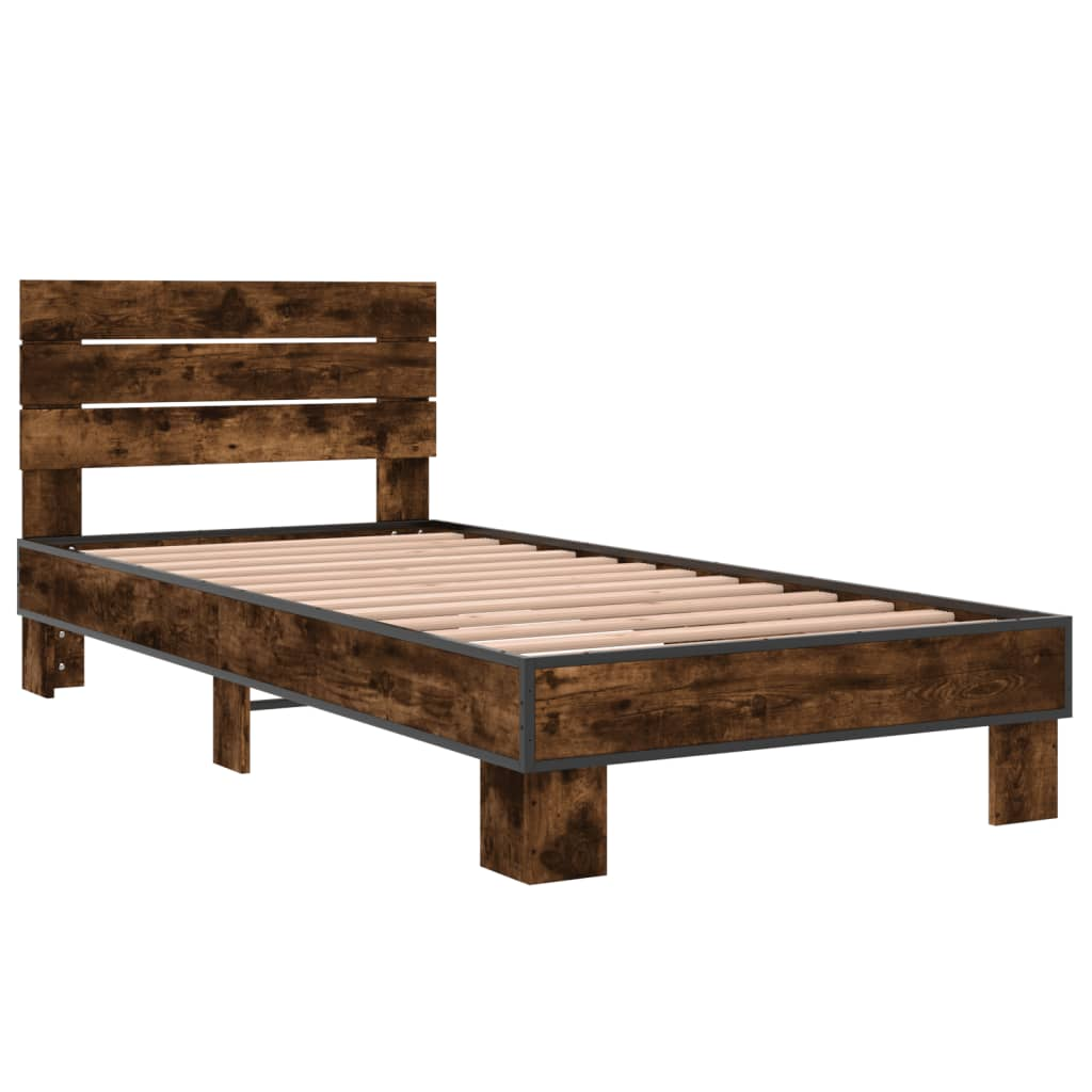 füstös tölgyszínű szerelt fa és fém ágykeret 90 x 200 cm (845744)