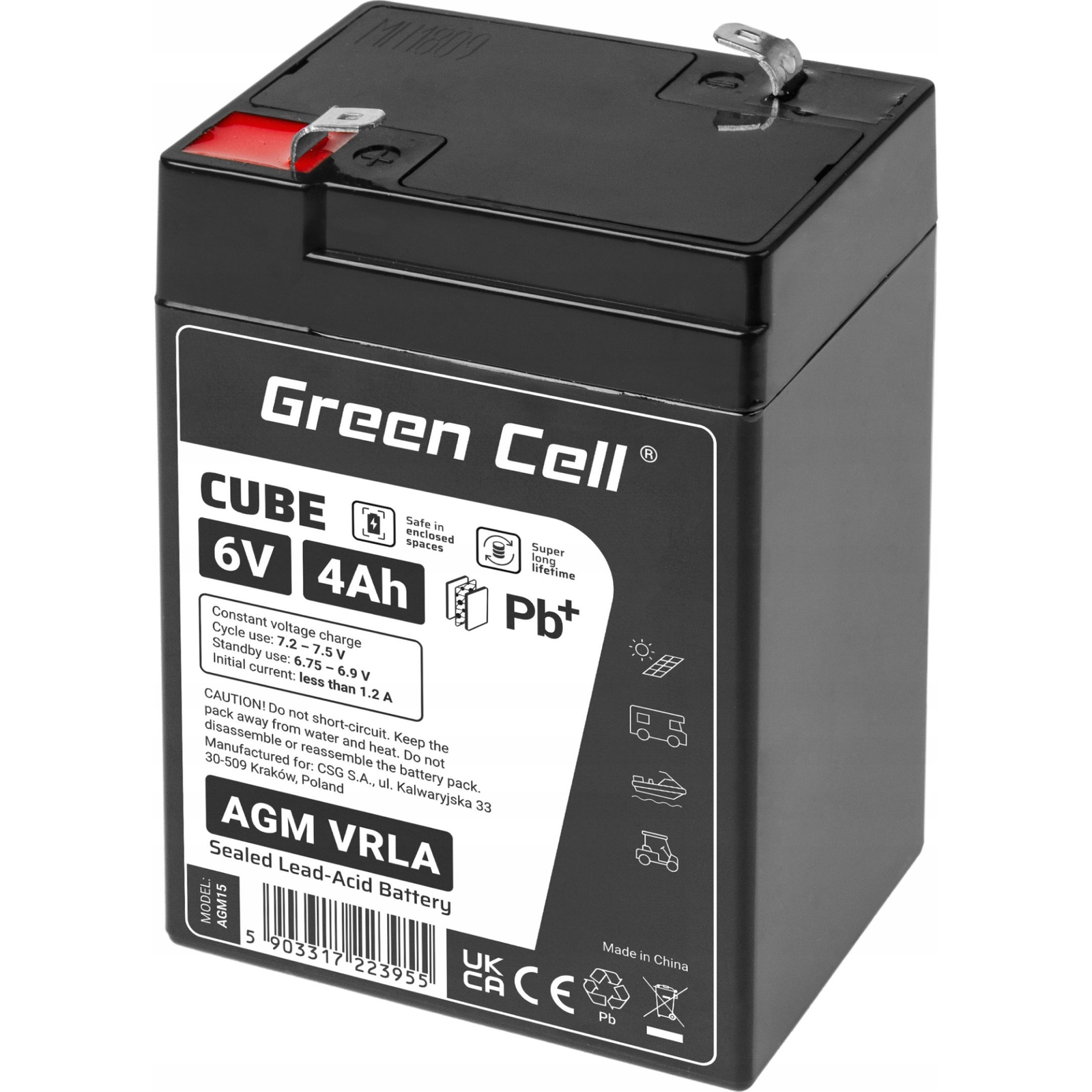 Green Cell Cube AGM VRLA IP54 6V 4Ah karbantartásmentes akkumulátor riasztórendszerekhez, pénztárgépekhez, játékokhoz (AGM6V4AH-J)