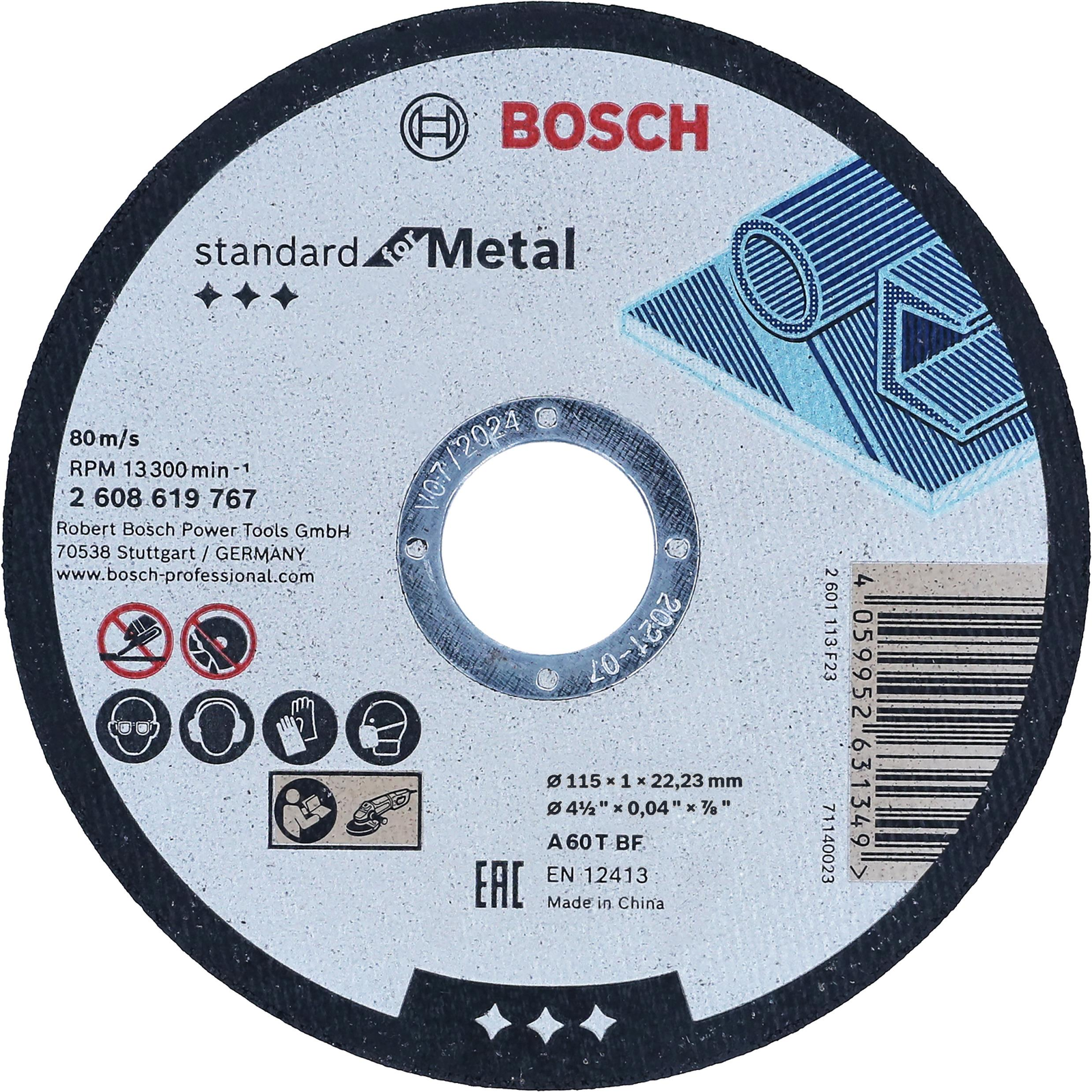 BOSCH 2.608.619.767, A 60 T BF, Standard for Metal, egyenes vágókorong, 115 mm, 22,23 mm, 1 mm (2.608.619.767)
