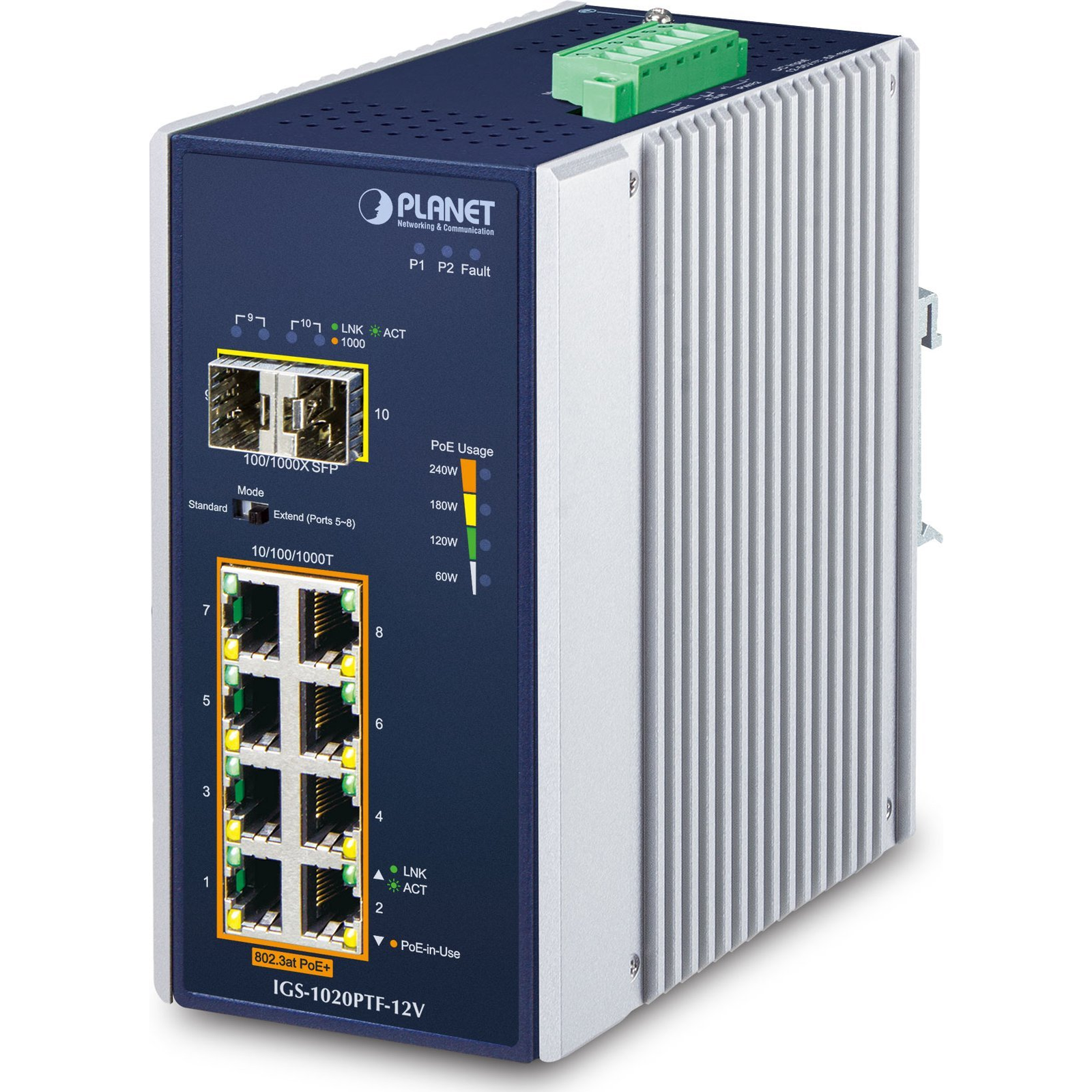PLANET IP30 Ind 8-P 10/100/1000T Beállítást nem igénylő (unmanaged) Gigabit Ethernet (10/100/1000) Ethernet-áramellátás (PoE) támogatása Kék, Fehér (IGS-1020PTF-12V)