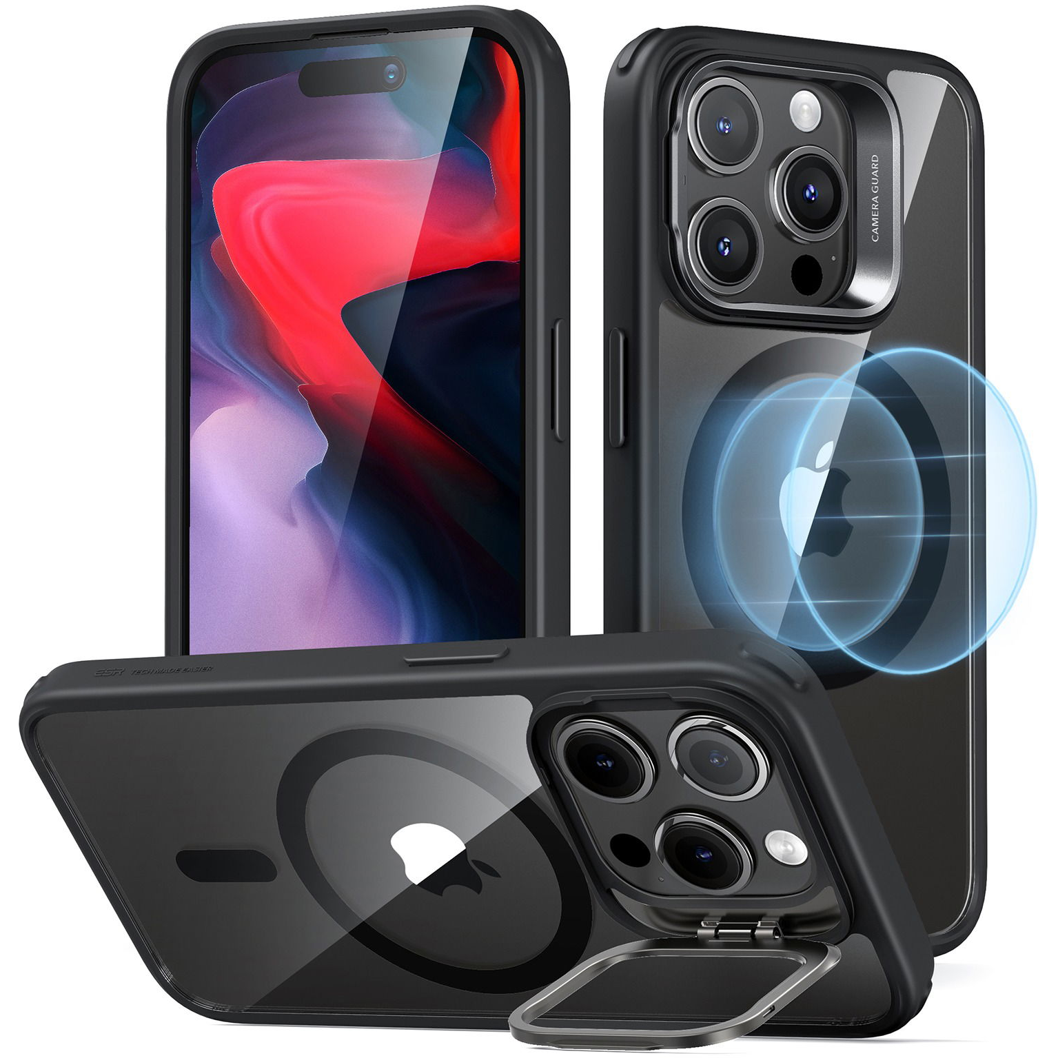 ESR Classic Hybrid Case with Stash Stand (HaloLock), Compatible with iPhone 15 Pro Clear Black tok (1A6740202)