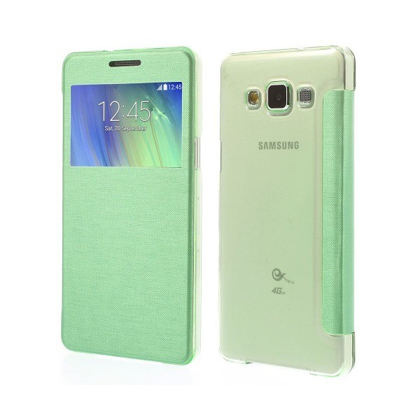 Tok álló, bőr hatású (FLIP, oldalra nyíló, View Window, szálcsiszolt mintázat) ZÖLD [Samsung Galaxy A5 (2015) SM-A500F] (5996457513741)