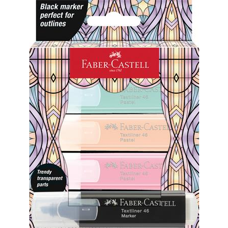 Faber-Castell Szövegkiemelő készlet, "Glassy", 3 különböző pasztell szín + fekete (TFC254694) (TFC254694)