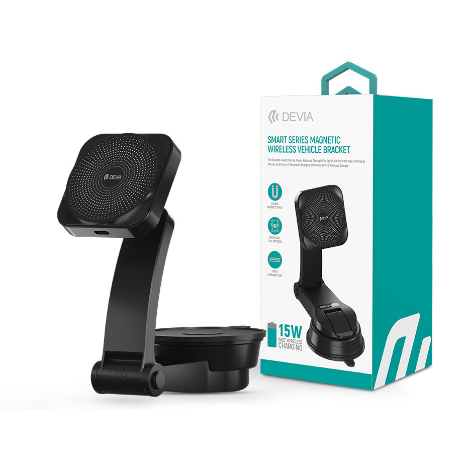 Devia Smart Series Magnetic 15W műszerfalra/szélvédőre vezeték nélküli autós töltő/tartó - fekete (ST398735)