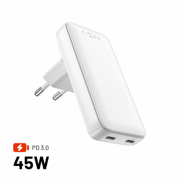 Fixed Slim Traveller 2xUSB-C Hálózati Utazó Gyorstöltő Adapter 45W - Fehér